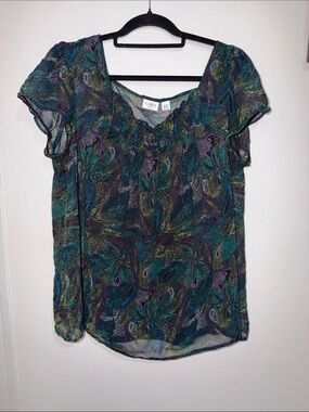Cato Teal, Purple & Green Paisley Flutter Sleeve Blouse